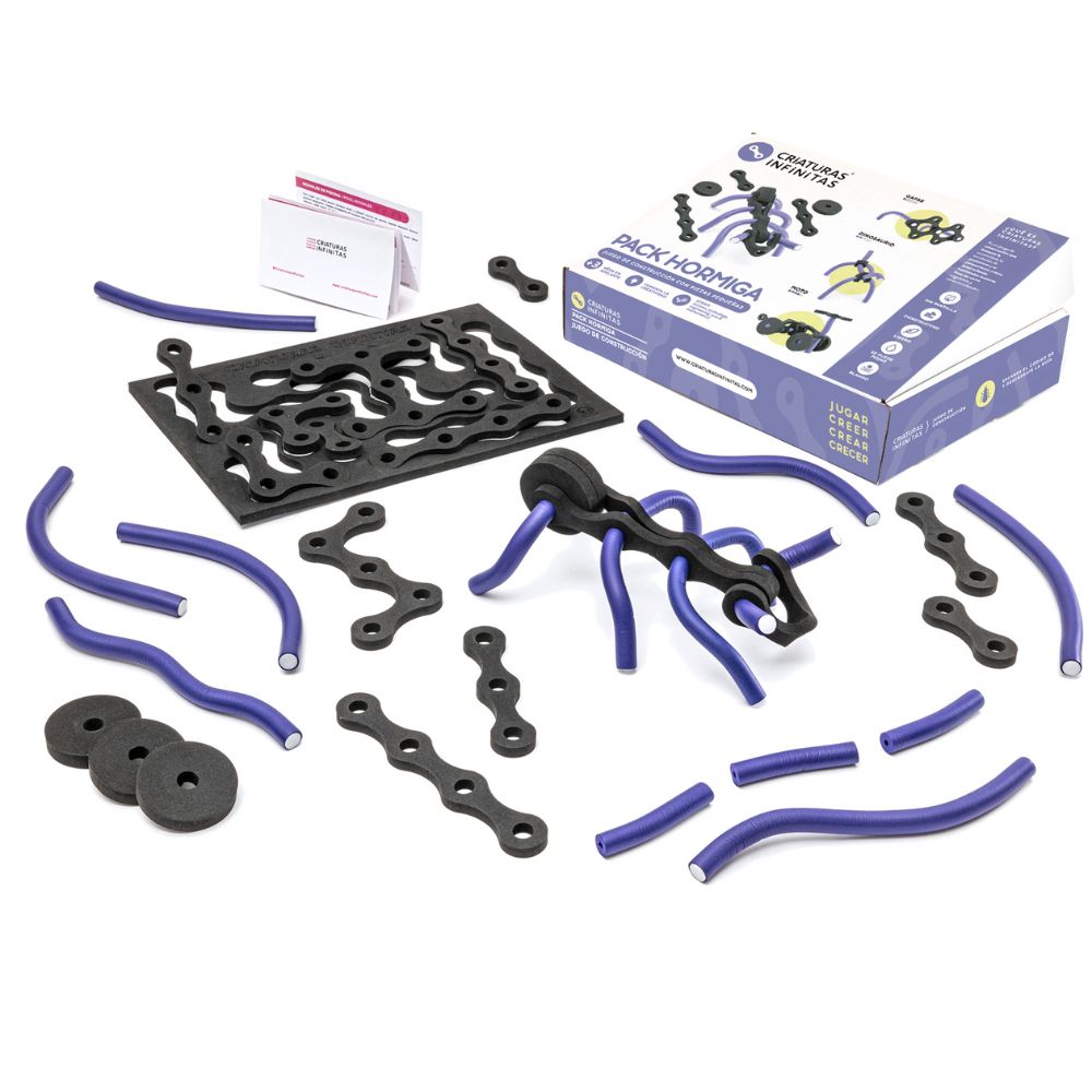 Pack hormiga del juego de construcción formado por piezas negras y bigudies blandos y flexibles.